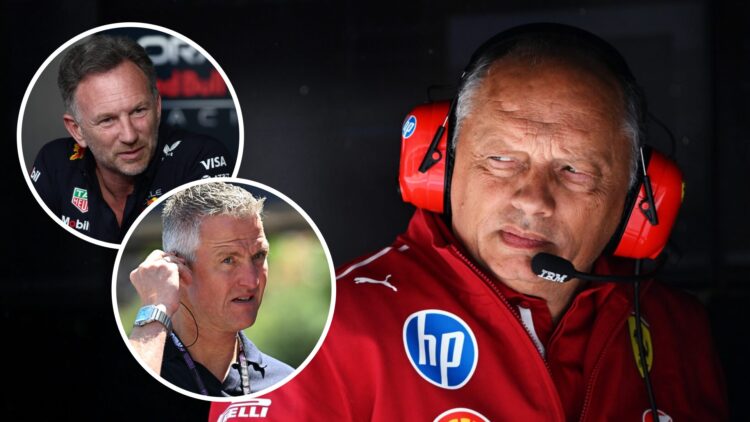 Ferrari boss Fred Vasseur on the pit wall at the 2025 Canadian Grand Prix with insets of Ralf Schumacher and Christian Horner