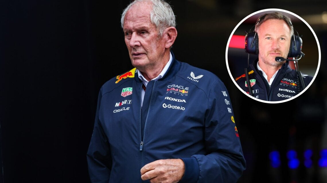 Helmut Marko of Red Bull walks in the F1 paddock; inset of Christian Horner