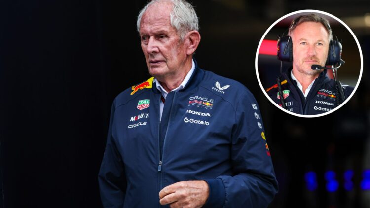 Helmut Marko of Red Bull walks in the F1 paddock; inset of Christian Horner