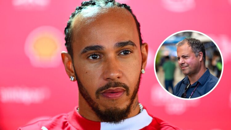 Lewis Hamilton of Ferrari in an interview; inset of Ted Kravitz