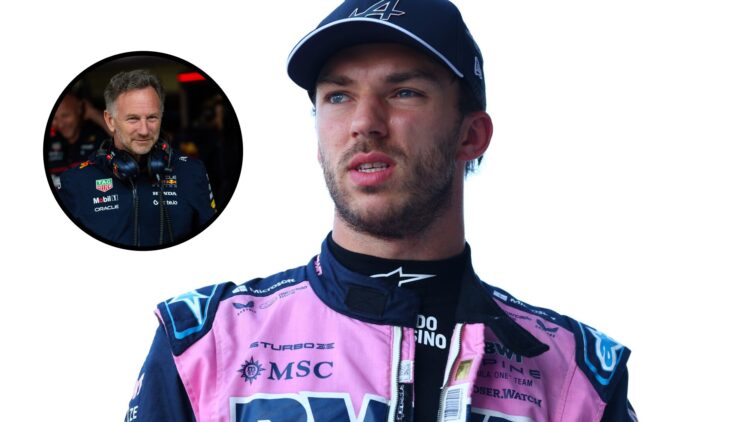 Pierre Gasly standing in his Alpine gear wth Christian Horner in the Red Bull garage in the overlay image.