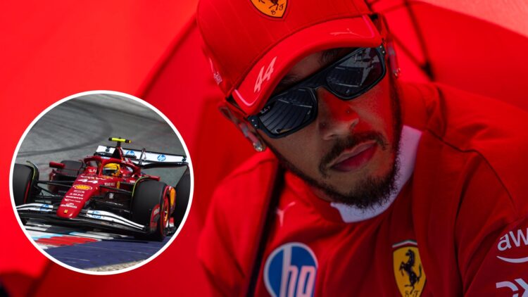 Lewis Hamilton pictured at the 2025 Australian Grand Prix, inset Lewis Hamilton in his Ferrari SF-25