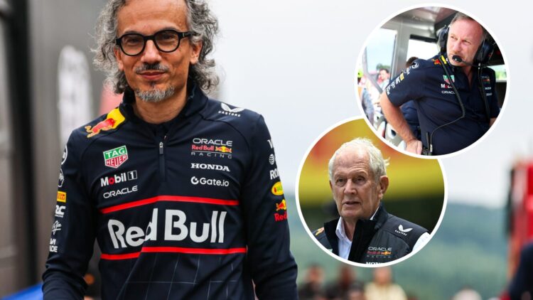 Red Bull Racing F1 CEO and team principal Laurent Mekies arrives in the 2025 Belgian Grand Prix paddock with insets of Helmut Marko and Christian H...