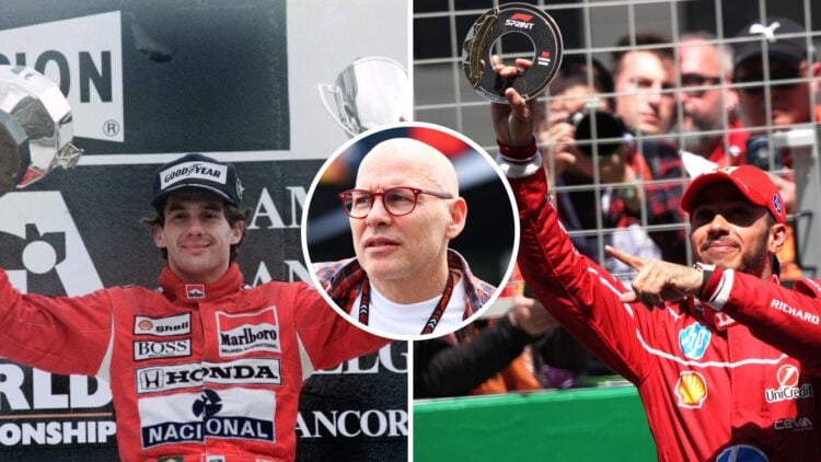 Ayrton Senna (left) on the podium at the 1989 Belgian Grand Prix, Lewis Hamilton (right) celebrating winning the 2025 Chinese Grand Prix Sprint Rac...