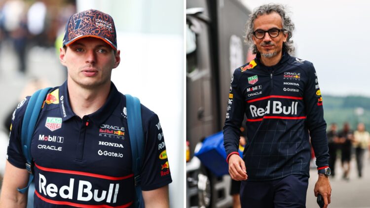 Max Verstappen and Laurent Mekies of Red Bull Racing at the 2025 Belgian Grand Prix