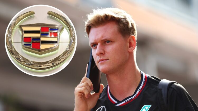 Mick Schumacher in the paddock at the 2024 United States Grand Prix, inset Cadillac logo
