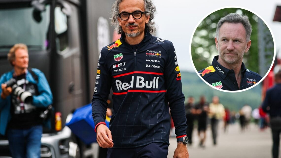 Laurent Mekies of Red Bull walks in the F1 paddock; inset of Christian Horner