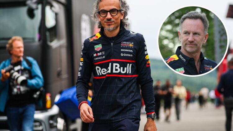 Laurent Mekies of Red Bull walks in the F1 paddock; inset of Christian Horner
