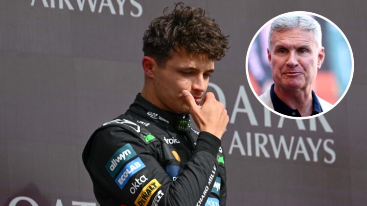 Lando Norris of McLaren stands on the F1 podium; inset of David Coulthard