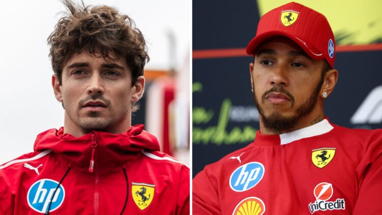 Ferrari driver Charles Leclerc arrives in the 2025 F1 Belgian Grand Prix paddock and Lewis Hamilton in the pre-event press conference