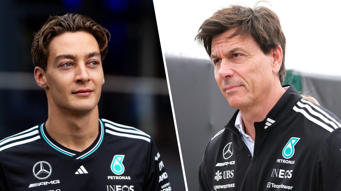 Mercedes driver George Russell arrives at the 2025 F1 Belgian Grand Prix and team principal Toto Wolff in the British GP paddock