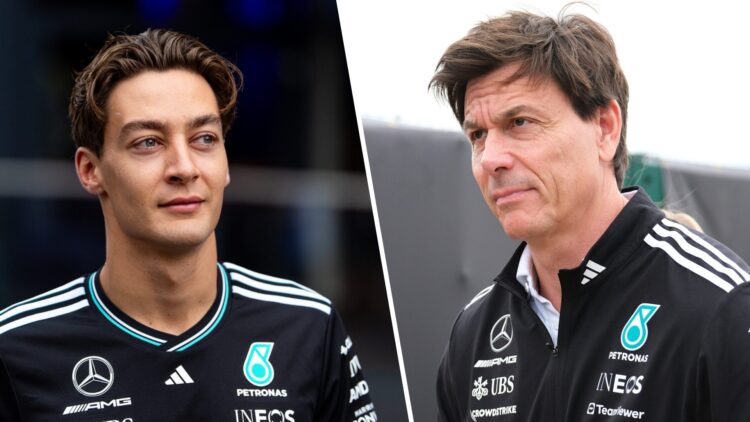 Mercedes driver George Russell arrives at the 2025 F1 Belgian Grand Prix and team principal Toto Wolff in the British GP paddock