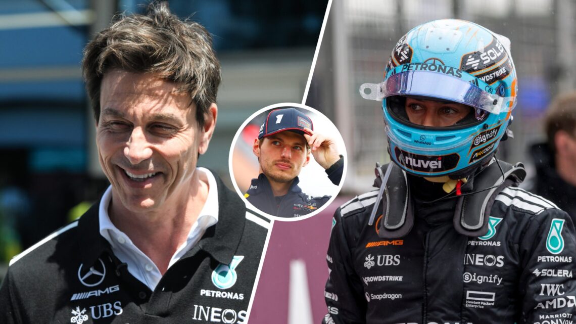 Toto Wolff of Mercedes smiles (L); George Russell walks in parc ferme (R); inset of Red Bull's Max Verstappen