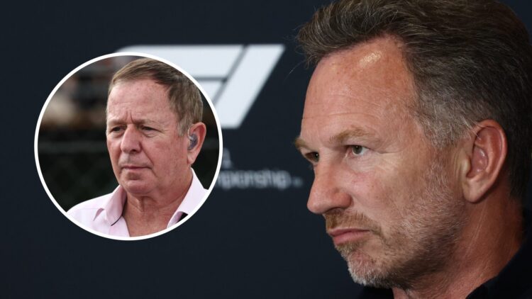 Christian Horner in a press conference for Red Bull; inset of Martin Brundle