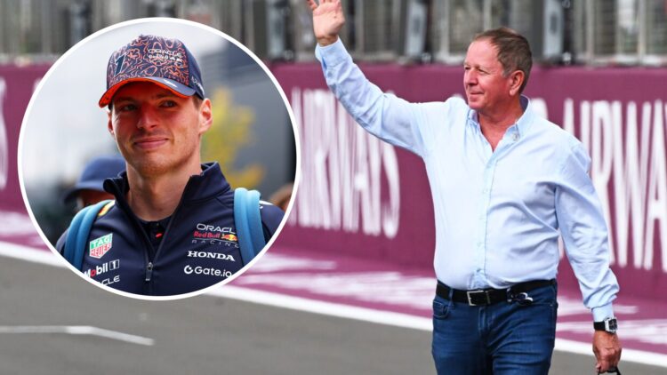 Sky Sports F1 pundit Martin Brundle waves to the Silverstone crowd at the 2025 British Grand Prix with an inset of Red Bull driver Max Verstappen i...