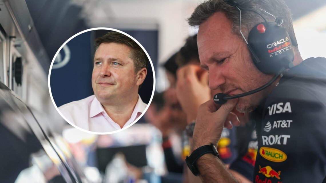 Christian Horner sits on the Red Bull pit wall; inset of David Croft