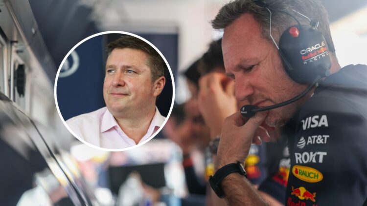 Christian Horner sits on the Red Bull pit wall; inset of David Croft
