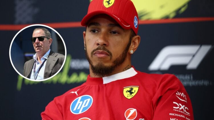 Lewis Hamilton of Ferrari sits in a press conference; inset of Martin Brundle