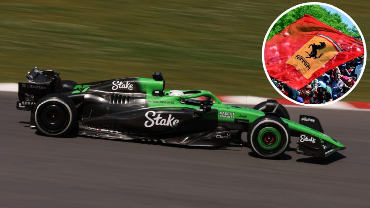 Sauber driver Nico Hulkenberg at the 2025 Canadian Grand Prix, inset the Tifosi waving a Ferrari flag