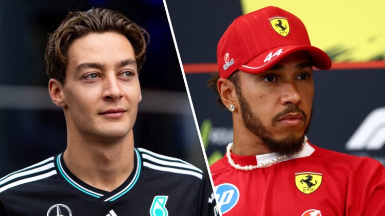 George Russell of Mercedes in the F1 paddock (L); Lewis Hamilton of Ferrari in a press conference (R)