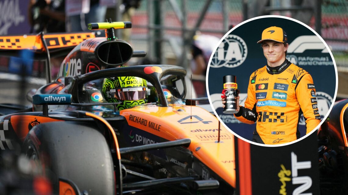 McLaren driver Lando Norris parks in parc ferme after Sprint Qualifying at the 2025 F1 Belgian Grand Prix with an inset of Oscar Piastri after scor...