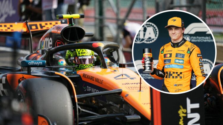 McLaren driver Lando Norris parks in parc ferme after Sprint Qualifying at the 2025 F1 Belgian Grand Prix with an inset of Oscar Piastri after scor...