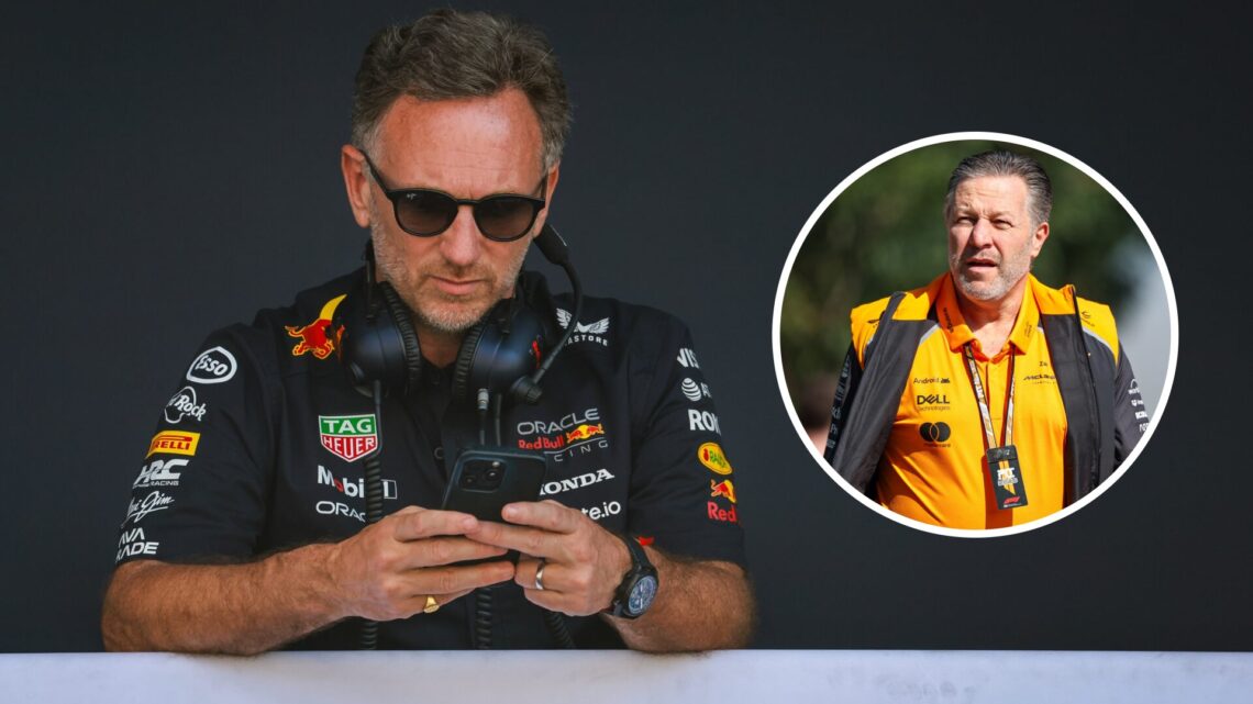 Christian Horner seen in the Formula 1 paddock; inset of McLaren CEO Zak Brown