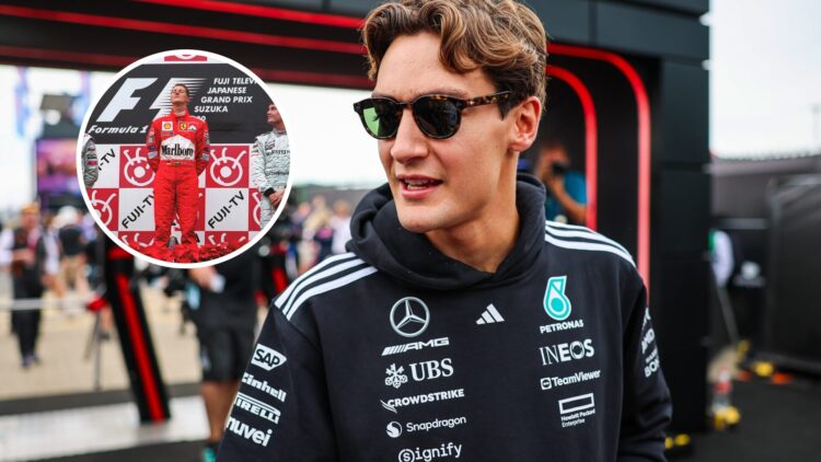 George Russell entering the F1 paddock with Michael Schumacher standing atop a podium in the overlay image.