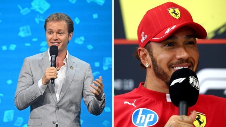 F1 world champion Nico Rosberg speaks at an event (L); Lewis Hamilton of Ferrari in a press conference (R)