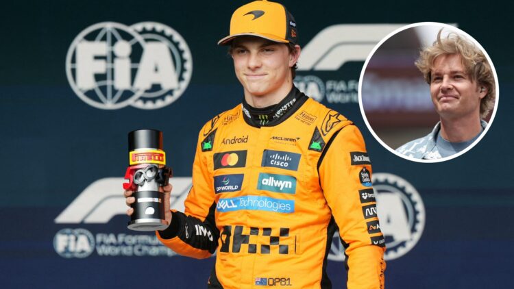 Oscar Piastri of McLaren celebrates a Sprint pole; inset of Nico Rosberg