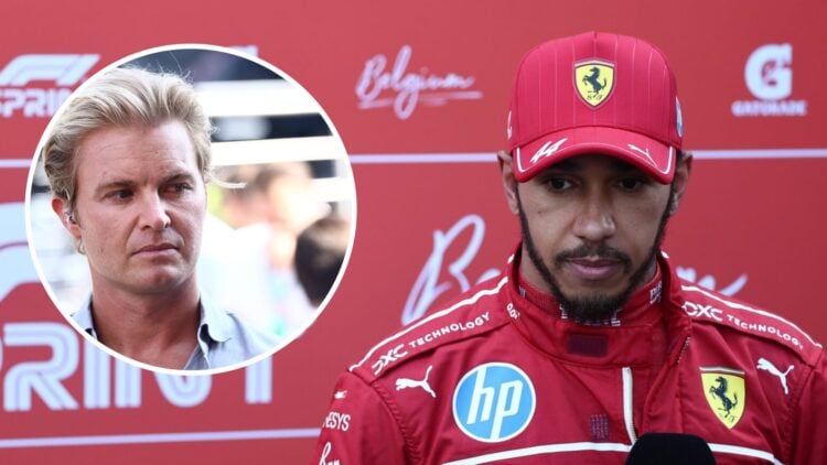 Ferrari driver Lewis Hamilton speaks to the media after Sprint Qualifying at the 2025 F1 Belgian Grand Prix with an inset of Nico Rosberg
