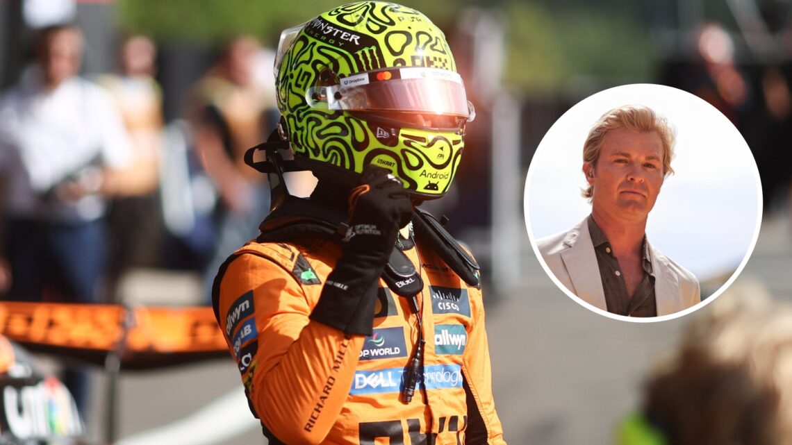 Lando Norris of McLaren celebrates a pole position; inset of Nico Rosberg