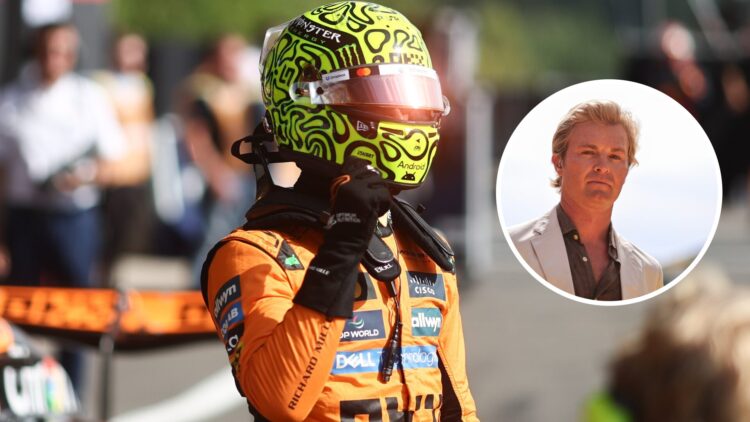 Lando Norris of McLaren celebrates a pole position; inset of Nico Rosberg