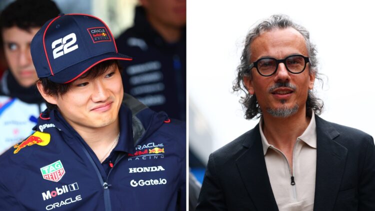 Yuki Tsunoda of Red Bull looks on (L); Laurent Mekies arrives in the F1 paddock