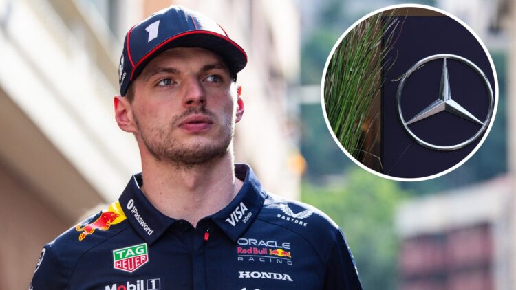 Red Bull driver Max Verstappen in the paddock at the 2025 Monaco Grand Prix, inset Mercedes logo
