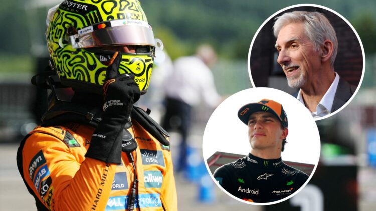 McLaren driver Lando Norris celebrates pole position for the 2025 F1 Belgian Grand Prix with insets of Damon Hill and Oscar Piastri