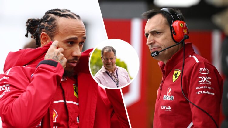 Lewis Hamilton of Ferrari prepares for an F1 race; Riccardo Adami looks on; inset of Ted Kravitz