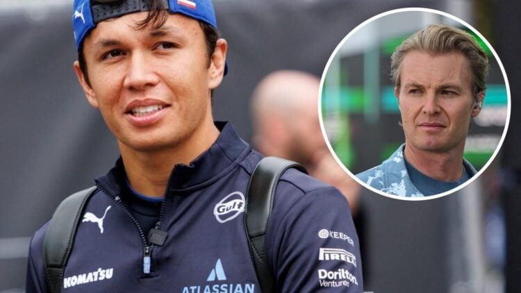 Williams driver Alex Albon arrives in the 2025 F1 Belgian Grand Prix paddock with an inset of Nico Rosberg