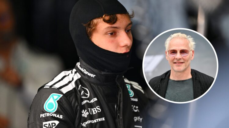 Mercedes driver Andrea Kimi Antonelli at the 2025 Formula 1 Belgian Grand Prix, inset, Jacques Villeneuve