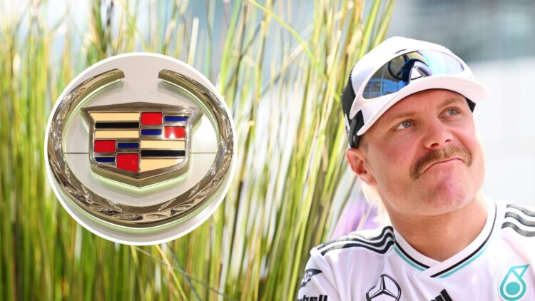 Mercedes reserve driver Valtteri Bottas pictured at the Canadian Grand Prix, inset, the Cadillac logo
