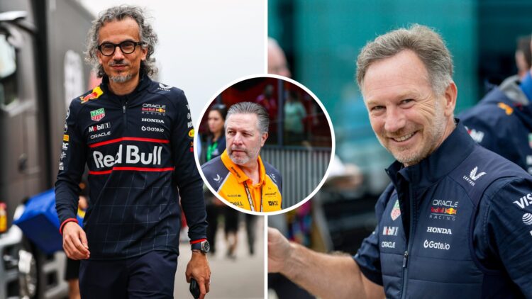 Laurent Mekies of Red Bull Racing and Zak Brown of McLaren with Christian Horner