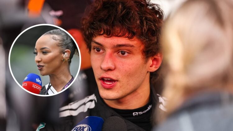 Mercedes driver Andrea Kimi Antonelli being interviewed at the 2025 Formula 1 Belgian Grand Prix, inset, Naomi Schiff
