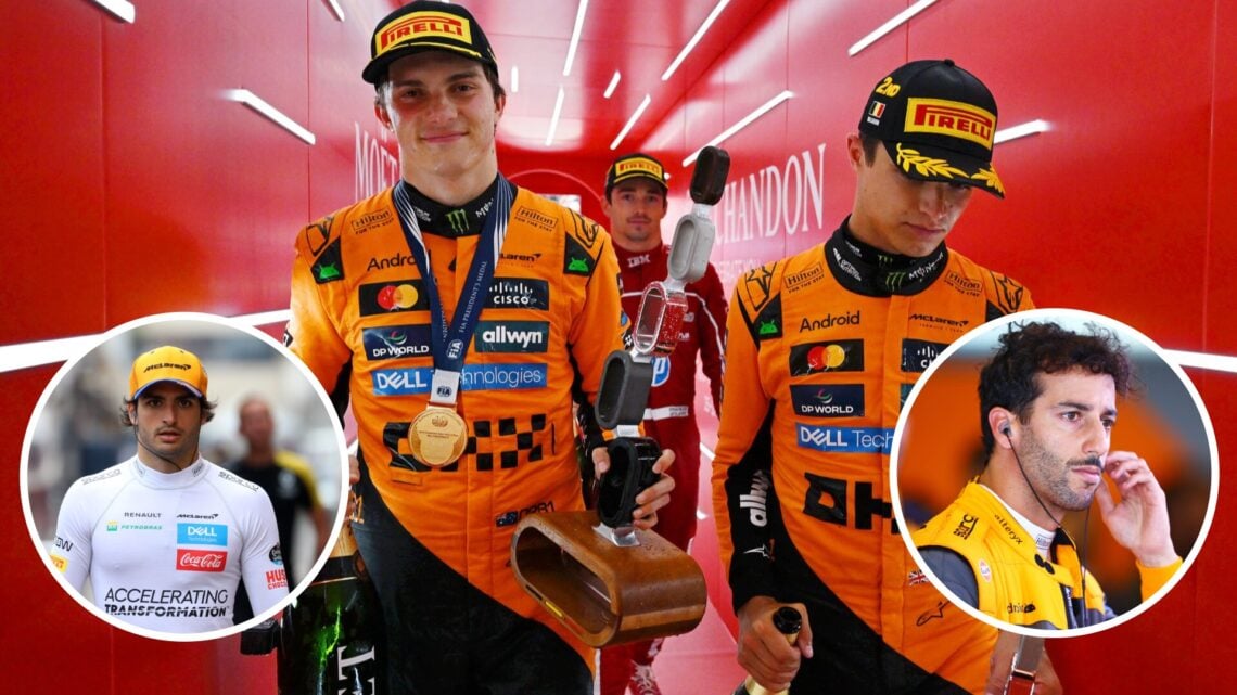 Oscar Piastri and Lando Norris of McLaren leave the F1 podium; insets of Carlos Sainz and Daniel Ricciardo