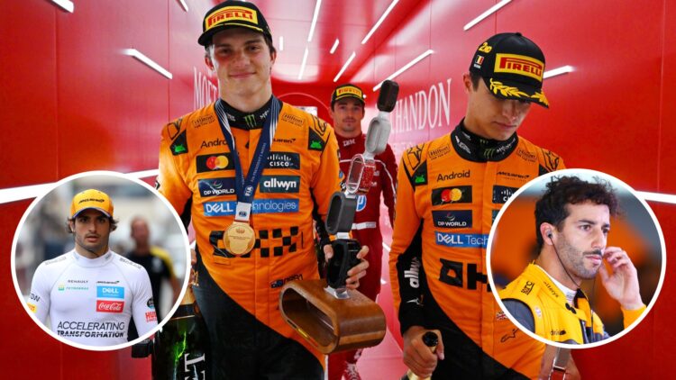 Oscar Piastri and Lando Norris of McLaren leave the F1 podium; insets of Carlos Sainz and Daniel Ricciardo