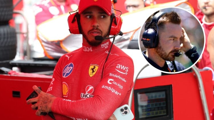 Lewis Hamilton of Ferrari prepares for an F1 race; inset of Red Bull's Simon Rennie