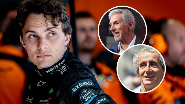McLaren driver Oscar Piastri at the 2025 Formula 1 Belgian Grand Prix, inset, Damon Hill and Alain Prost