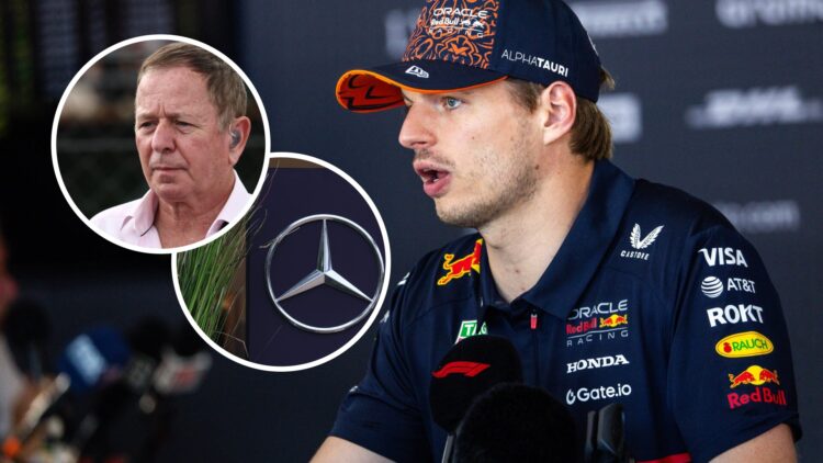 Red Bull Racing driver Max Verstappen speaking to the media at the 2025 F1 Austrian Grand Prix, inset, Mercedes logo and Martin Brundle