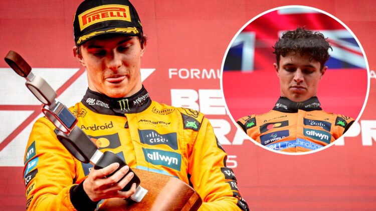 McLaren driver Oscar Piastri celebrates winning the 2025 F1 Belgian Grand Prix with an inset of Lando Norris on the Spa podium