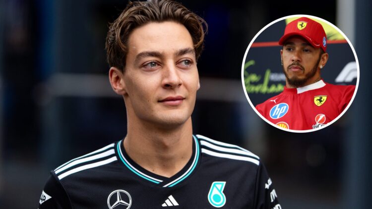 George Russell of Mercedes walks in the F1 paddock; inset of Ferrari's Lewis Hamilton
