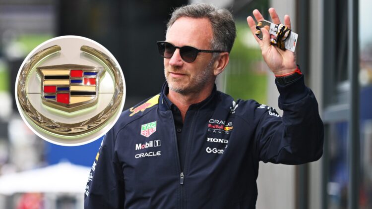 Christian Horner of Red Bull in the paddock at the 2025 Austrian Grand Prix, inset, Cadillac logo